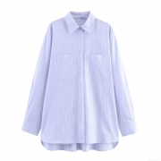 Women Casual Striped Long Sleeve Shirt With Pockets Loose Button Down Blouse Polyester Cotton Blend Autumn Top Office Lady Apparel