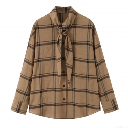 Women's Casual Plaid Blouse Long Sleeve Scarf Collar Bow Tie Shirt Polyester Spandex Loose Fit Camel Checkered Top For Daily Work Office Korean Style