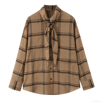 Women's Casual Plaid Blouse Long Sleeve Scarf Collar Bow Tie Shirt Polyester Spandex Loose Fit Camel Checkered Top For Daily Work Office Korean Style