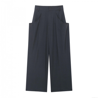Women's High Waist Wide Leg Pants 100% Polyester Woven Solid Color Casual Long Trousers Large Curved Pockets Modern Minimalist Fashion