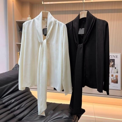 Women's Elegant Satin Long Sleeve Blouse With Bow Tie V Neck Loose Fit Jacquard Solid Color Pullover Shirt For Office Daily Casual Wear Fall