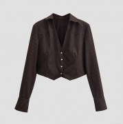 Women's Striped Cropped Blazer Shirt Long Sleeve V-Neck Padded Shoulder 100% Polyester Top Casual Office Wear Elegant Blouse For Women