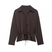 Women's Elegant Satin Silk-Like Shirt Long Sleeve V-Neck Blouse With Belt Drawstring Waist Coffee Solid Color Tops For Party Office