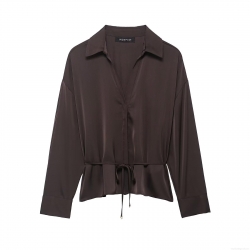 Women's Elegant Satin Silk-Like Shirt Long Sleeve V-Neck Blouse With Belt Drawstring Waist Coffee Solid Color Tops For Party Office