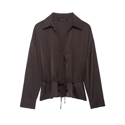 Women's Elegant Satin Silk-Like Shirt Long Sleeve V-Neck Blouse With Belt Drawstring Waist Coffee Solid Color Tops For Party Office