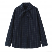 Women's Plaid Poplin Shirt Casual Long Sleeve Stand Collar Bow Tie Neck Loose Blouse Cotton Blend Check Pattern Top For Daily Wear