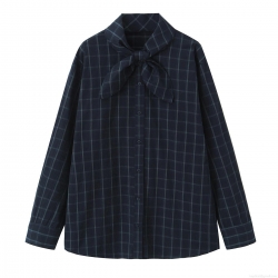 Women's Plaid Poplin Shirt Casual Long Sleeve Stand Collar Bow Tie Neck Loose Blouse Cotton Blend Check Pattern Top For Daily Wear