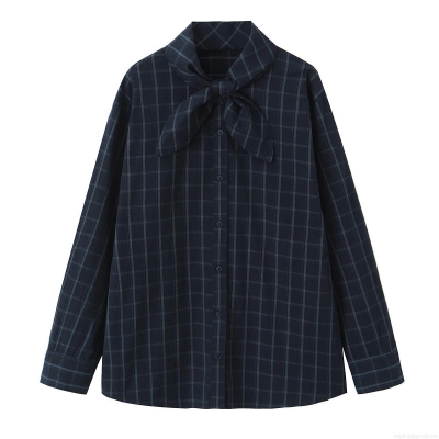 Women's Plaid Poplin Shirt Casual Long Sleeve Stand Collar Bow Tie Neck Loose Blouse Cotton Blend Check Pattern Top For Daily Wear