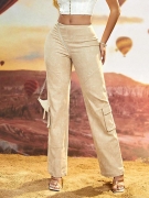 Women's Retro High Street Cargo Pants High Waist Asymmetric Zipper Brushed Viscose Wide Leg Straight Casual Trousers Multi-Pockets Streetwear