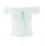 French Vintage White Off-Shoulder Lace Top Women Sweet Eyelet Embroidery Blouse With Light Blue Ribbon Bow Ruffle Hem Summer Short Shirt