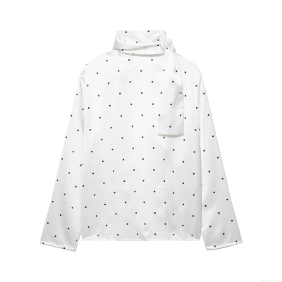 Women's Elegant Polka Dot Satin Blouse Vintage Tie Neck Long Sleeve Pullover Shirt For Party Office Work 100% Polyester