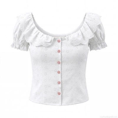 Women French Style White Eyelet Embroidery Cotton Blouse Ruffle Collar Puff Sleeve Slim Fit Top With Gingham Buttons Sweet Elegant Summer Short Sleeve Shirt