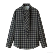 Women's Plaid Long Sleeve Blouse Bow Tie Neck Polyester Button Down Shirt Elegant Casual Tops for Office Dating Women