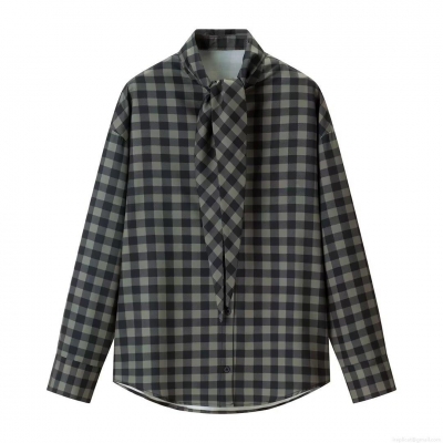 Women's Plaid Long Sleeve Blouse Bow Tie Neck Polyester Button Down Shirt Elegant Casual Tops for Office Dating Women