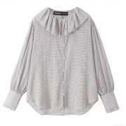 Women's Casual Plaid Long Sleeve Shirt With Ruffle Peter Pan Collar French Style Button Down Lantern Sleeve Blouse Top For Daily Wear