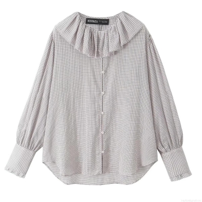 Women's Casual Plaid Long Sleeve Shirt With Ruffle Peter Pan Collar French Style Button Down Lantern Sleeve Blouse Top For Daily Wear