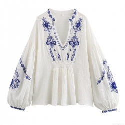 Women's Bohemian Ethnic Embroidery Cotton Blouse V Neck Lantern Sleeve Smocked Waist Shirt White Blue Floral Sequined Beaded Casual Long Sleeve Top