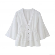 Elegant White V-Neck Lace Blouse For Women Vintage Textured Long Flared Sleeve Button Up Shirt French Sweet Smocked Waist Tops For Party Daily