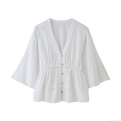 Elegant White V-Neck Lace Blouse For Women Vintage Textured Long Flared Sleeve Button Up Shirt French Sweet Smocked Waist Tops For Party Daily