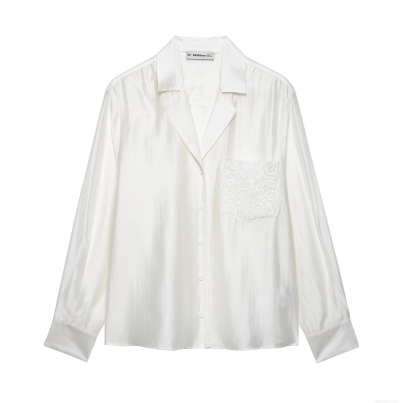 French Elegant Acetate Satin Long Sleeve Shirt For Women With Pocket Embroidery Loose Pearl White Blouse Top Office Commute