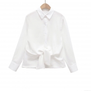 Women's 100% Cotton Long Sleeve Blouse Elegant Lapel Collar Button Down Shirt With Front Tie Knot For Women Office Daily Wear White Top