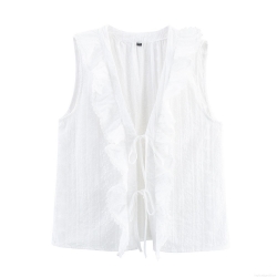 Women's Sleeveless Embroidered Lace Blouse Shirt Vintage White Eyelet Hollow Out Vest Top With Tie Neck For Daily Dating Lady Sweet Clothing