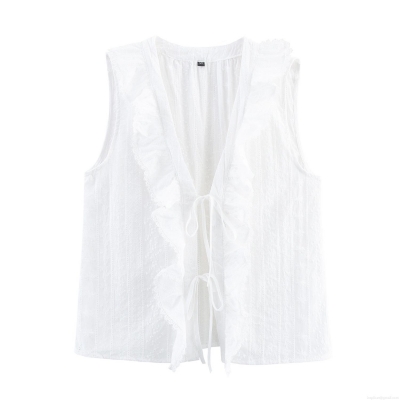 Women's Sleeveless Embroidered Lace Blouse Shirt Vintage White Eyelet Hollow Out Vest Top With Tie Neck For Daily Dating Lady Sweet Clothing
