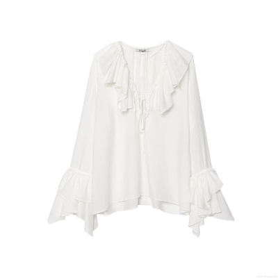 Women's Ruffle V Neck Blouse Polyester Peach Skin Crepe Tie Front Loose Flare Sleeve Shirt Vintage French Style Solid White Top For Women