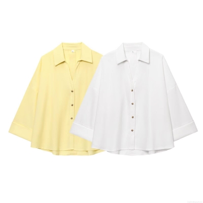 Women's Loose Oversize Blouse Linen Blend Button Down Shirt 3/4 Sleeve Solid Color Tops For Summer Casual Office Lady Fashion