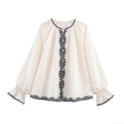 Women's Ethnic Embroidery Long Sleeve Blouse Off-White Single Breasted French Style Shirt Polyester Linen Blend Chic Elegant Lady Tops