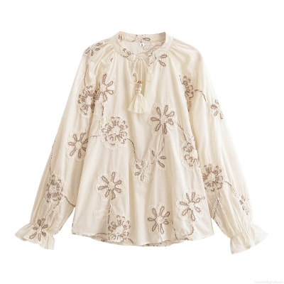 Women Bohemian Embroidery Blouse Long Sleeve Round Neck Tassel Drawstring Loose Shirt Casual Retro Ivory Tops For Women Vacation Beach Party Daily Wear