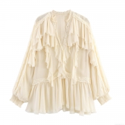 Women's Lace Splicing V Neck Blouse Ruffle Layered Long Sleeve Shirt Elegant Chiffon Polyester Top For Office Party Dating Lady Fashion Retro Style
