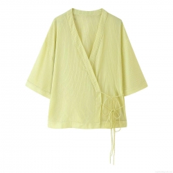 Women's Casual Striped Wrap Shirt V-Neck 3/4 Sleeve Kimono Style Tie-Waist Blouse Elegant Polyester Top For Daily Party Streetwear Fashionable Apparel