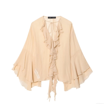 Women's Elegant V Neck Ruffle Blouse Flared Long Sleeve Chiffon Shirt Tie Front Casual Pullover Top Solid Color Lightweight Breathable Spring Autumn Fashion Clothing