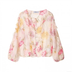 Women's Floral Chiffon Blouse Elegant V-Neck Ruffle Long Sleeve Shirt Lantern Sleeve Semi-Transparent Lightweight Tops For Daily Dating Vacation