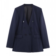 Professional Women's Collarless Double-breasted Polyester Blazer and High Waist Straight-leg Pants Set Solid Color Commuting Office Business Suit Set Long Sleeve Formal Two Piece Outfits