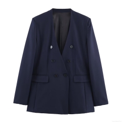 Professional Women's Collarless Double-breasted Polyester Blazer and High Waist Straight-leg Pants Set Solid Color Commuting Office Business Suit Set Long Sleeve Formal Two Piece Outfits