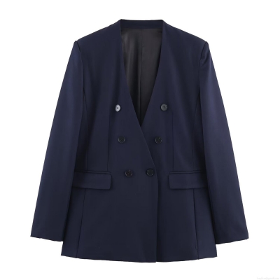 Professional Women's Collarless Double-breasted Polyester Blazer and High Waist Straight-leg Pants Set Solid Color Commuting Office Business Suit Set Long Sleeve Formal Two Piece Outfits