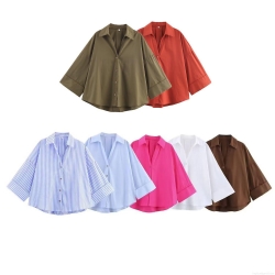 Women's Oversized Poplin Shirt Satin Polyester 3/4 Sleeve Drop Shoulder Button Down Blouse Top for Office Casual Daily Loose Fit Fashion Lady