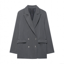 Women Elegant Double Breasted Blazer Notch Lapel Solid Color Long Sleeve Suit Jacket Office Lady Commute Outerwear With Flap Pockets Polyester