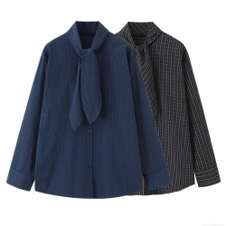 Women Elegant Plaid Long Sleeve Shirt With Bow Tie Neck Casual Blouse Polyester Cotton Blend Button Down Tops For Office Daily Wear