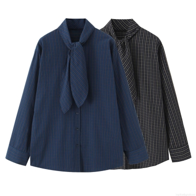 Women Elegant Plaid Long Sleeve Shirt With Bow Tie Neck Casual Blouse Polyester Cotton Blend Button Down Tops For Office Daily Wear
