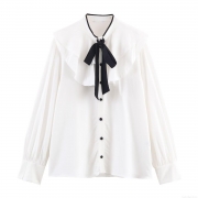 Women's Elegant Polyester Blouse Shirt Contrast Bow Tie Ruffle Trim Long Sleeve Single Breasted Casual Office Daily Tops For Women Ladies