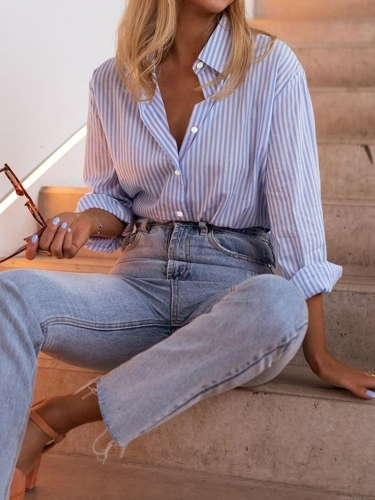Women's Casual Vertical Striped Long Sleeve Button Down Blouse Fashion Polyester Spandex Shirt for Commute Office Leisure Lady Tops