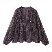 Women Ethnic Paisley Print V Neck Blouse 100% Polyester Long Puff Sleeve Loose Bohemian Top Vintage Casual Chiffon Shirt For Women Spring Summer