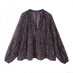 Women Ethnic Paisley Print V Neck Blouse 100% Polyester Long Puff Sleeve Loose Bohemian Top Vintage Casual Chiffon Shirt For Women Spring Summer