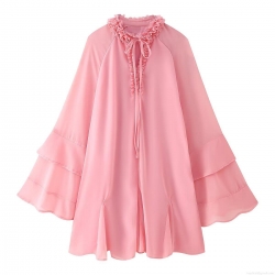 Bohemian Ruffle Chiffon Blouse For Women Tiered Flared Sleeve Tie Neck Loose Fit Summer Tunic Top Elegant Vacation Shirt Solid Color Chic Apparel