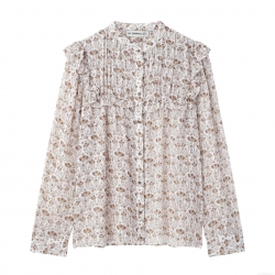 Women's Elegant Floral Chiffon Blouse Ruffle Trim Stand Collar Long Sleeve Shirt Vintage Office Daily Casual Sheer Texture Tops With Wood Buttons