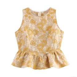 Elegant Floral Jacquard Peplum Top Women Sleeveless Round Neck Ruffle Hem Blouse With Hidden Back Zipper Classic Western Style Summer Party Shirt