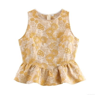 Elegant Floral Jacquard Peplum Top Women Sleeveless Round Neck Ruffle Hem Blouse With Hidden Back Zipper Classic Western Style Summer Party Shirt